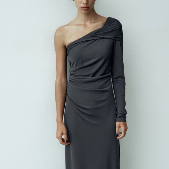 NWT LONG ONE SHOULDER GRAY DRESS - Picture 3 of 5